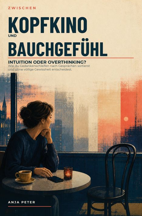 Buchtitel: "Zwischen Kopfkino und Bauchgefühl". Eine Frau sitzt nachdenklich an einem Tisch mit Kaffee und Kerze.