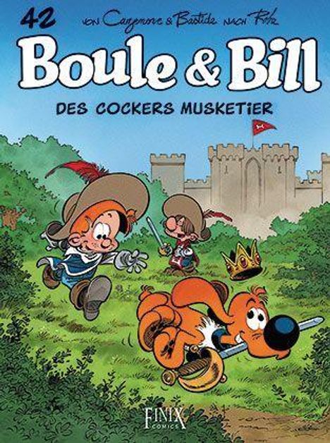„42 Boule & Bill: Des Cockers Musketier“. Junge und Hund in Musketierkostümen vor einer Burg.