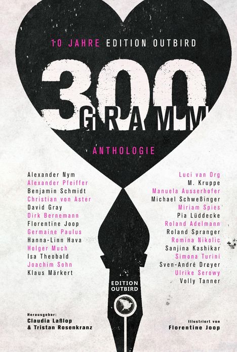 "10 Jahre Edition Outbird: 300 Gramm Anthologie. Namen der Autoren in zwei Spalten. Unten eine stilisierte Feder."