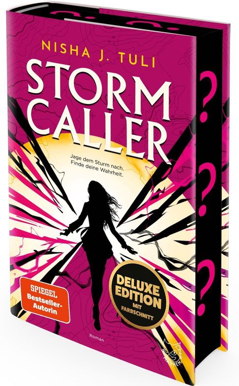 Text: „Nisha J. Tuli, Storm Caller, Jagd dem Sturm nach. Finde deine Wahrheit. Deluxe Edition. Spiegel Bestseller-Autorin.“

Beschreibung: Silhouette einer Frau vor dynamischem Hintergrund in Lila und Gelb.