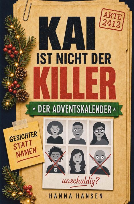 Titel: "KAI IST NICHT DER KILLER - DER ADVENTSKALENDER", "GESICHTER STATT NAMEN". Illustration mit weihnachtlichem Tannenzweig.