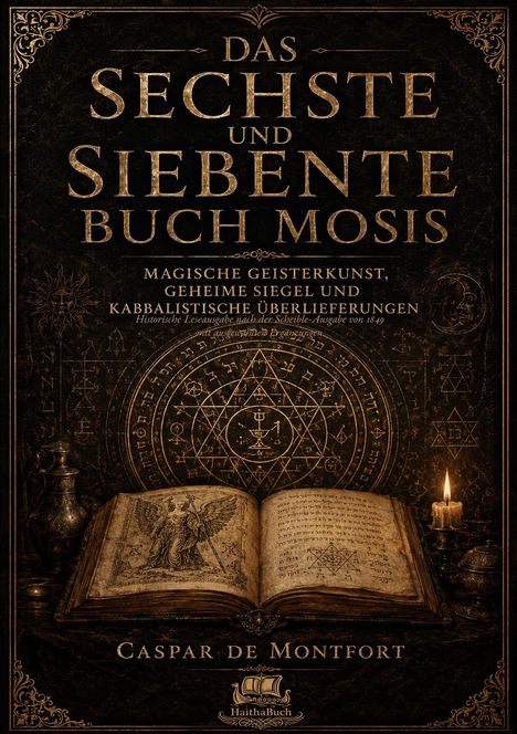 "Das Sechste und Siebente Buch Mosis" steht zentral. Magische Symbole, ein altes Buch und eine brennende Kerze sind dargestellt.