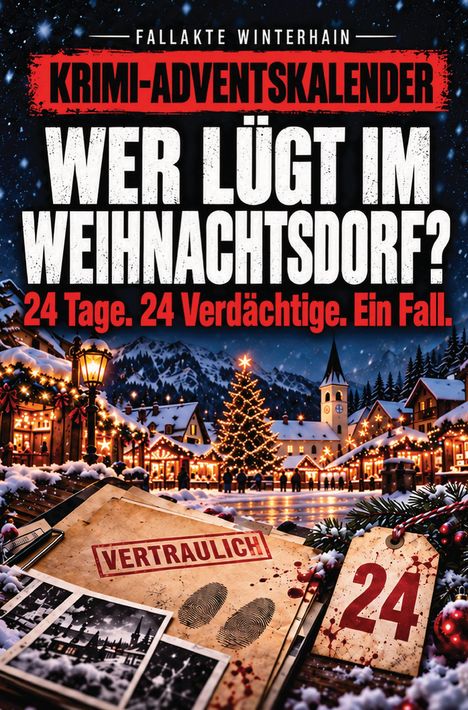 "Wer lügt im Weihnachtsdorf? 24 Tage. 24 Verdächtige. Ein Fall." Winterliches Dorf mit Weihnachtslichtern, vertraulich markierte Akten.