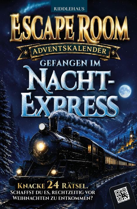"Escape Room Adventskalender: Gefangen im Nacht-Express. Knacke 24 Rätsel." Eine dampfende Lokomotive bei Nacht.