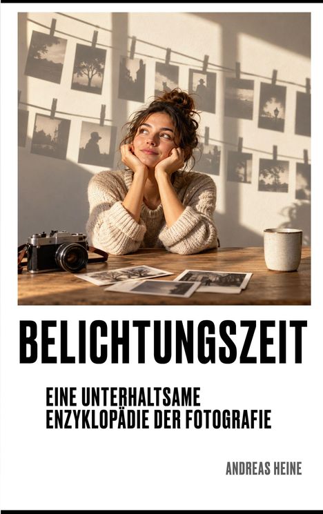 "BELICHTUNGSZEIT" und "EINE UNTERHALTSAME ENZYKLOPÄDIE DER FOTOGRAFIE" sind prominent. Frau sitzt träumend am Tisch.