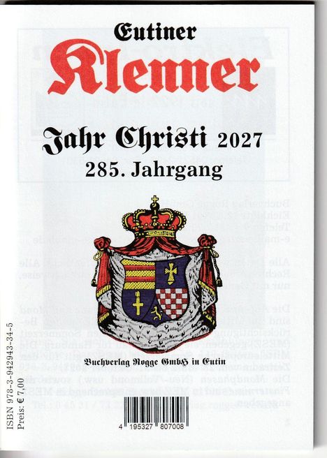 "Eutiner Klemmer, Jahr Christi 2027, 285. Jahrgang." Darunter ein farbiges, detailliertes Wappen mit Krone.