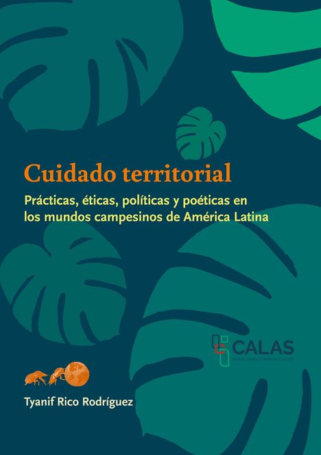 "Cuidado territorial" ist in Orange. Grüne Blätter und ein Logo unten rechts auf dunklem Hintergrund.