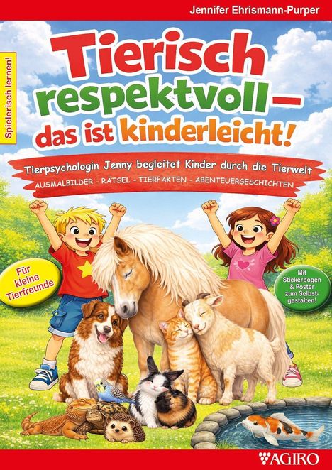 „Tierisch respektvoll – das ist kinderleicht!“ Tiere, Kinder, fröhliche Szene, bunter Himmel.