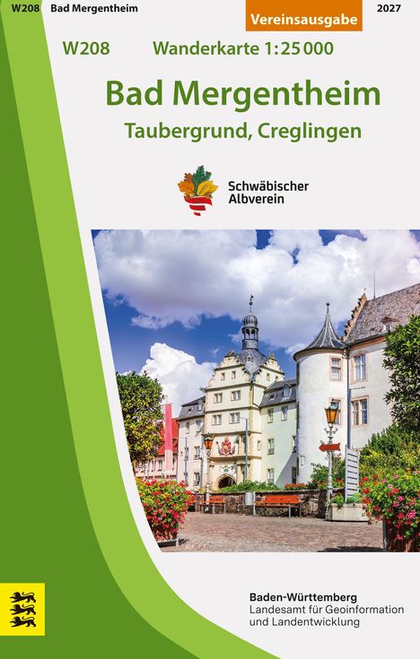 Texte oben: "W208 Bad Mergentheim, Vereinsaussgabe 2027". Unten: "Baden-Württemberg, Landesamt" Logo mit buntem Laub. Darunter ein Platz mit historischem Gebäude.