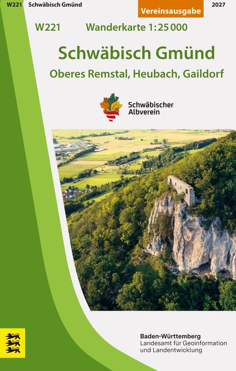 Wanderkarte Schwäbisch Gmünd, Oberes Remstal. Logo mit Blättern. Aquarellierte Landschaft mit Felsen und Bäumen.