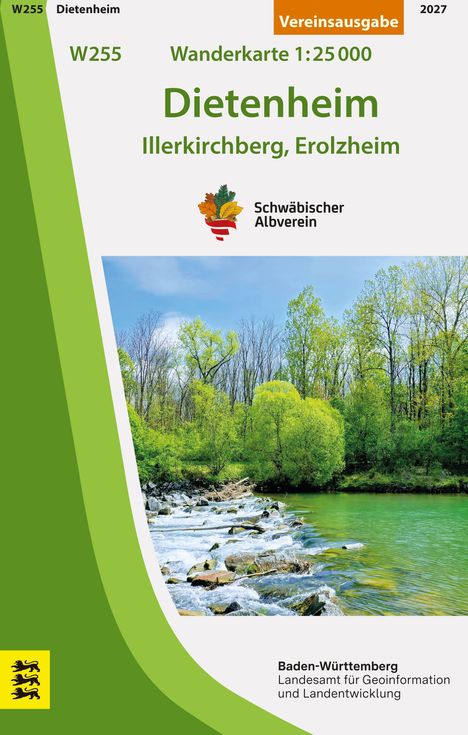 „W255 Wanderkarte 1:25000 Dietenheim, Illerkirchberg, Erolzheim, Schwäbischer Albverein.“ Unteres Bild: Fluss und Bäume.