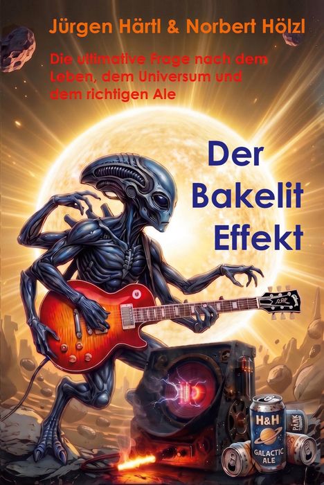 Ein Alien mit Gitarre vor leuchtendem Hintergrund, umgeben von Lautsprechern und Getränkedosen.
