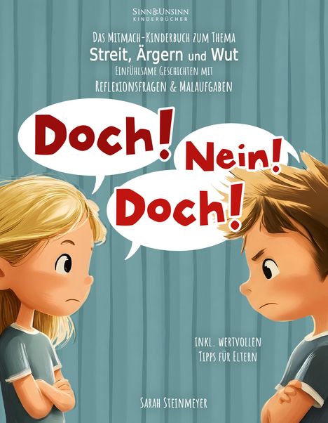 Texte: "Das Mitmach-Kinderbuch... Streit, Ärgern und Wut... Doch! Nein! Doch!" Illustration: Kind streitet mit verschränkten Armen.