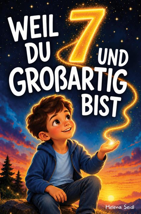 "WEIL DU 7 UND GROßARTIG BIST" in großen Buchstaben. Ein Junge in blauer Jacke schaut fasziniert auf einen leuchtenden Weg.