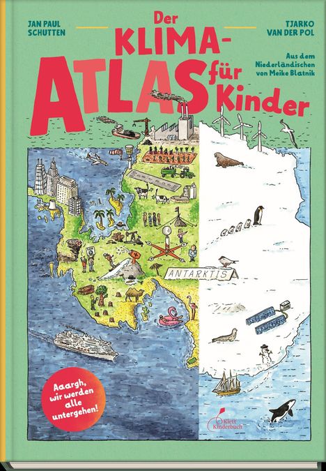 "Der Klimaatlas für Kinder" steht in großer, farbiger Schrift. Eine gezeichnete Karte zeigt Landschaften und Tiere.