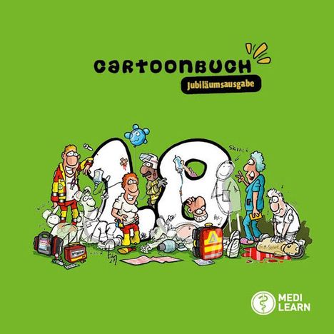 "Cartoonbuch Jubiläumsausgabe" steht über einer Illustration mit Menschen in Arzt- und Rettungsdienstkleidung um die Zahl 112.