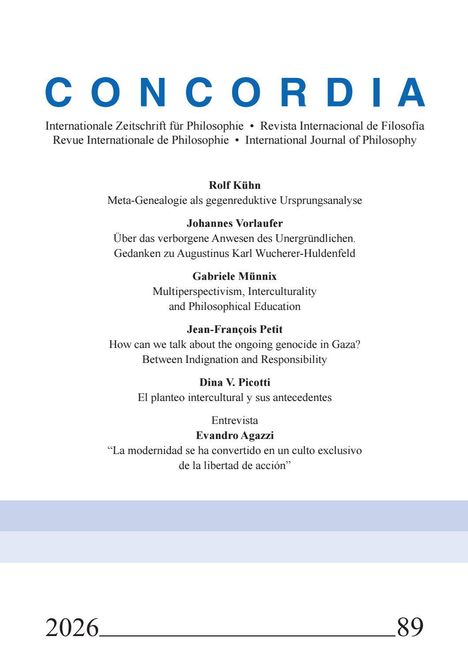 "CONCORDIA" erscheint groß über Titeln und Autoren philosophischer Artikel. Unten steht "2026" links und "89" rechts.