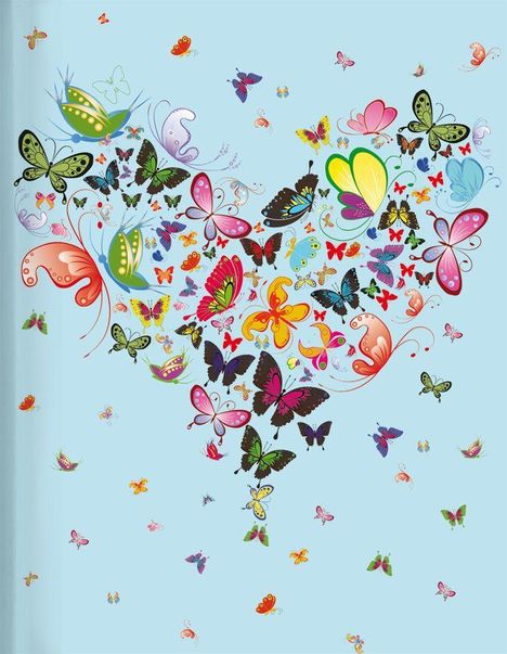 Eine bunte Illustration aus Schmetterlingen, die ein Herz formen, auf hellblauem Hintergrund.