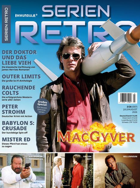 SERIE RETRO Magazin-Titel. Themen: "Der Doktor und das liebe Vieh", "Outer Limits", "Rauchende Colts", "MacGyver" im Feuerdesign.