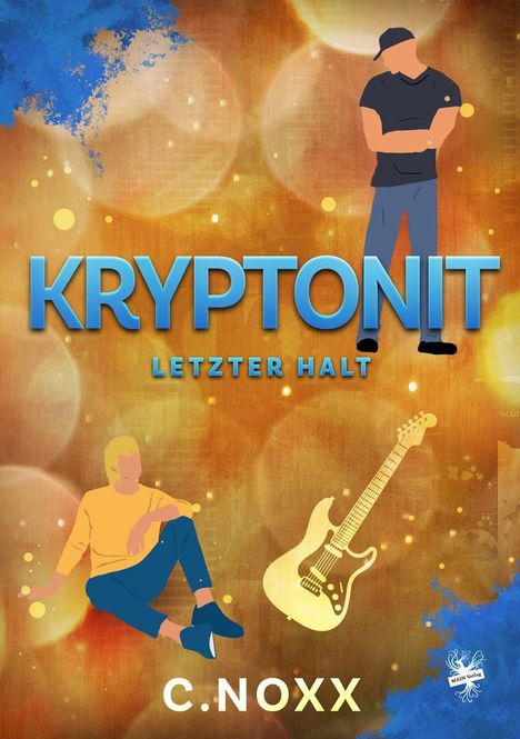 Text: "KRYPTONIT LETZTER HALT C. NOXX". Zwei stilisierte Figuren und eine Gitarre auf buntem Hintergrund.
