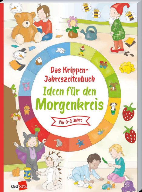 Text: "Das Krippen-Jahreszeitenbuch. Ideen für den Morgenkreis. Für 0-3 Jahre." Farbiges Rund mit spielenden Kindern.