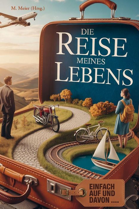 Buchtitel: "Die Reise meines Lebens" und "Einfach auf und davon...". Illustration: Koffer mit Landschaft, Flugzeug am Himmel.