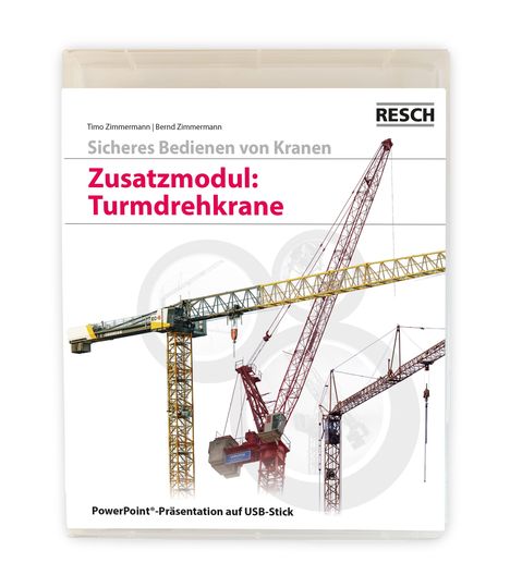 Ein Buchcover mit Kränen und dem Text: "Zusatzmodul: Turmdrehkrane". Autoren: Timo Zimmermann, Bernd Zimmermann.
