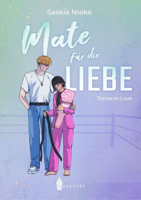 Text: "Mate für die Liebe" und "Throw in Love". Illustration: Zwei Personen in inniger Umarmung.