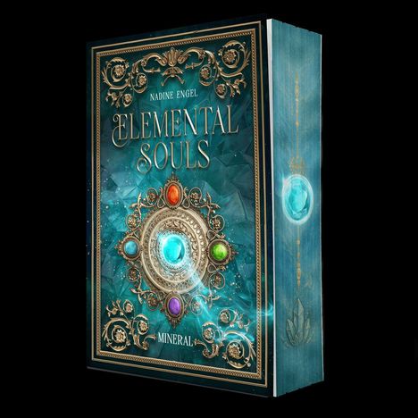 "Elemental Souls" von Nadine Engel. Dekorative Ornamente mit Edelsteinen auf türkisfarbenem Hintergrund.