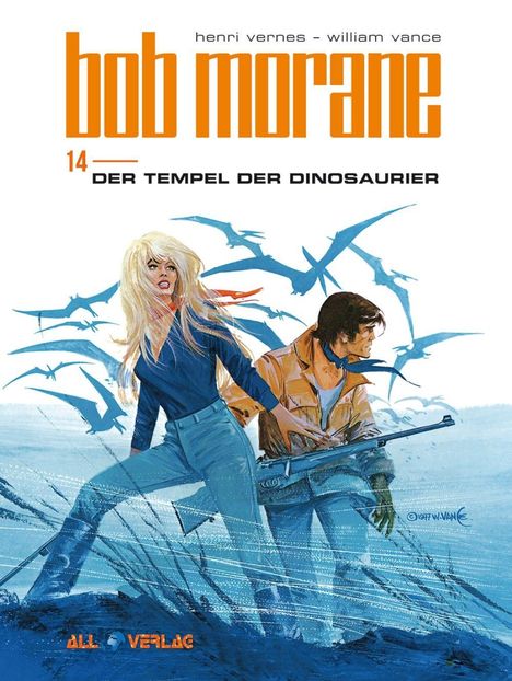 "bob morane 14 DER TEMPEL DER DINOSAURIER" in orange und schwarz; Illustration von zwei Figuren, umgeben von fliegenden Dinosauriern.