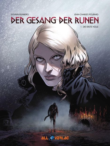 "DER GESANG DER RUNEN" ist prominent in Rot. Illustration zeigt eine ernste Frau im Vordergrund, mystische Atmosphäre.