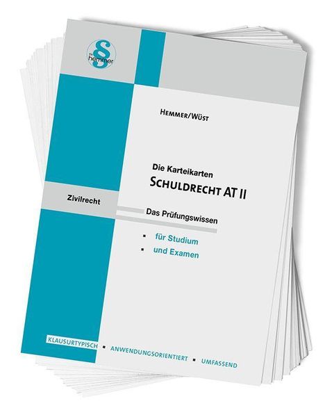 Text: "Zivilrecht, Hemmer/Wüst, Die Karteikarten, Schuldrecht AT II, Das Prüfungswissen, für Studium und Examen".  
Beschreibung: Ein Stapel Karteikarten mit blauem Akzent und einem Logo oben links.