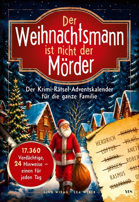 "Der Weihnachtsmann ist nicht der Mörder" steht prominent auf einem roten Schild. Im Hintergrund ein Winterdorf mit Weihnachtsmann.