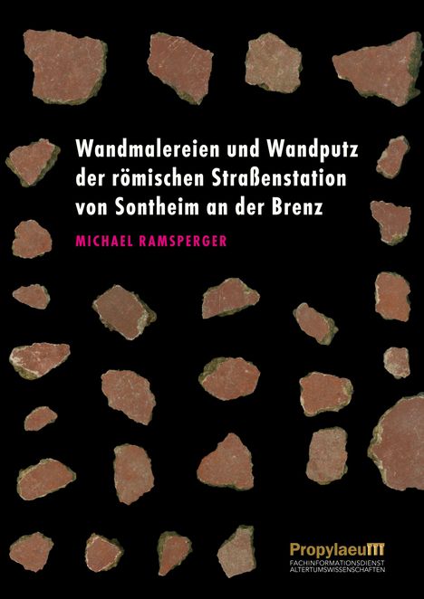 Wandmalereien und Wandputz der römischen Straßenstation von Sontheim an der Brenz. Ziegelstücke auf schwarzem Hintergrund.
