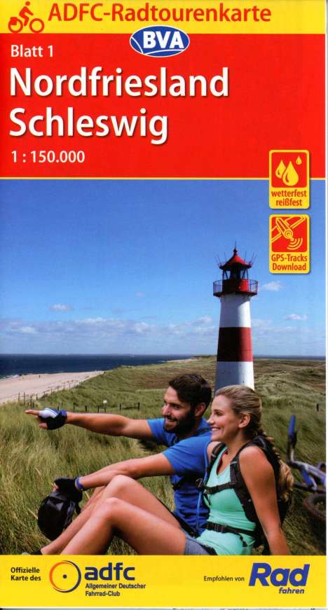 ADFC-Radtourenkarte 1 Nordfriesland /Schleswig 1:150.000, reiß- und wetterfest, E-Bike geeignet, GPS-Tracks Download, Karten