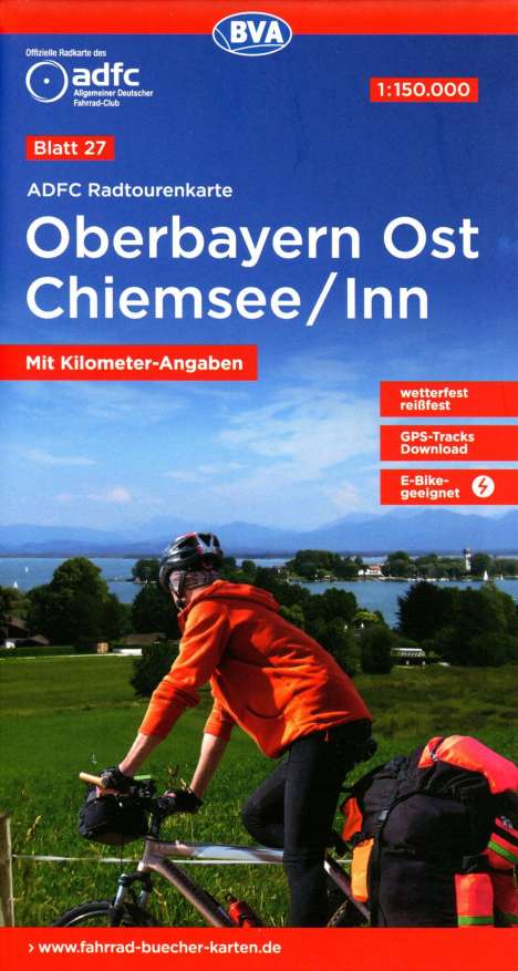 ADFC-Radtourenkarte 27 Oberbayern Ost Chiemsee/Inn 1:150.000, reiß- und wetterfest, E-Bike geeignet, GPS-Tracks Download, mit Bett+Bike Symbolen, mit Kilometer-Angaben, Karten