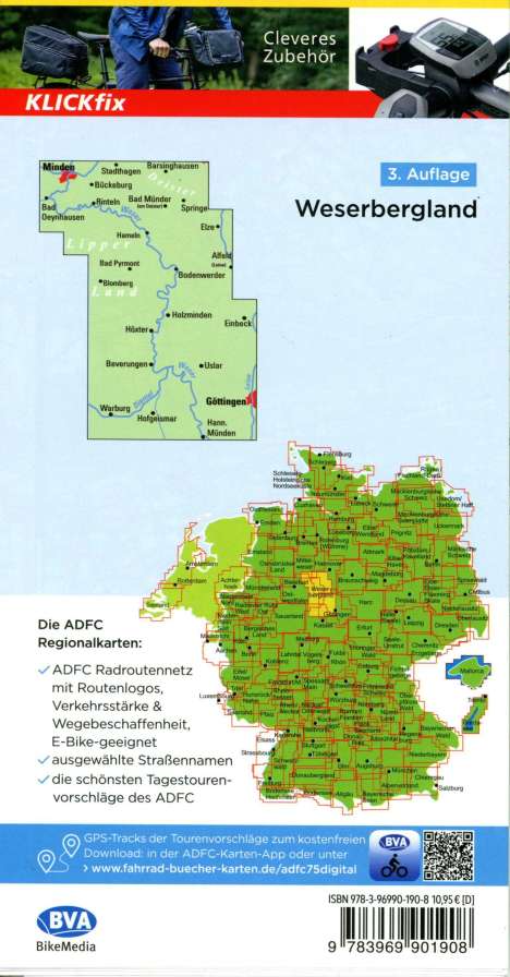 ADFC-Regionalkarte Weserbergland, 1:75.000, mit Tagestourenvorschlägen, reiß- und wetterfest, E-Bike-geeignet, GPS-Tracks Download, Karten