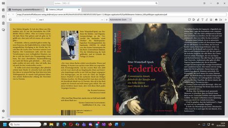 Texte: Peter Winterhoff-Spurk, Federico, Commissario Amati, Friedrich der Staufer und ein Falke klären zwei Morde, Verlag J.G. Seume.

Beschreibung: Buchumschlag mit Porträt eines Mannes mit Falke. Links Fließtext.