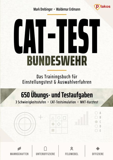 "CAT-Test Bundeswehr. Das Trainingsbuch für Einstellungstest & Auswahlverfahren. 650 Übungs- und Testaufgaben."  
Oberes Logo: Plakos.