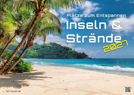 Text: "Plätze zum Entspannen. Inseln & Strände 2027." 
Szene: Sandstrand mit Palmen, türkisblauem Meer und bewaldeter Insel im Hintergrund.