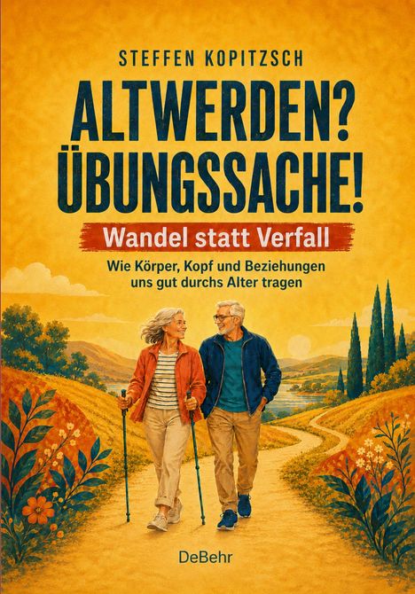 Text: "Steffen Kopitzsch. Altwerden? Übungssache! Wandel statt Verfall. Wie Körper, Kopf und Beziehungen uns gut durchs Alter tragen. DeBehr." Illustration: Ein älteres Paar spaziert glücklich auf einem Weg durch Landschaft mit Bäumen und Feldern.