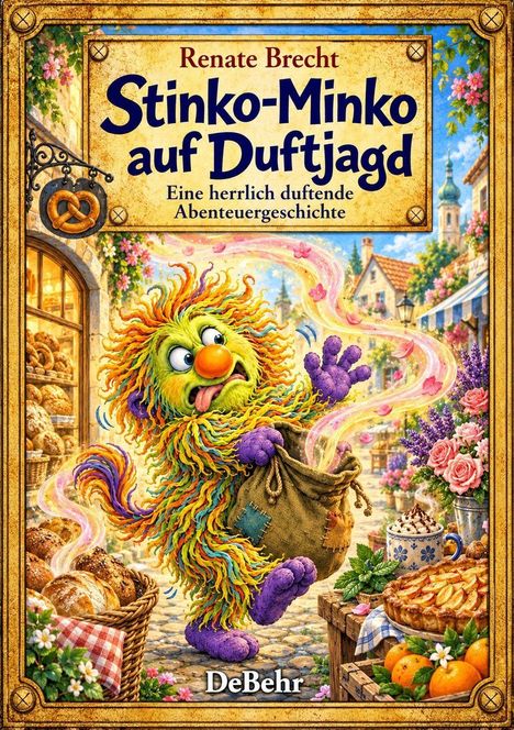 "Stinko-Minko auf Duftjagd", ein fröhliches Monster mit buntem Fell hält einen Sack, umgeben von duftenden Backwaren.