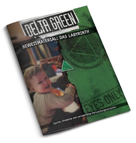 Ein Magazin mit dem Titel "DELTA GREEN" und "BEWEISMATERIAL: DAS LABYRINTH", zeigt ein Kind und ein Monster.