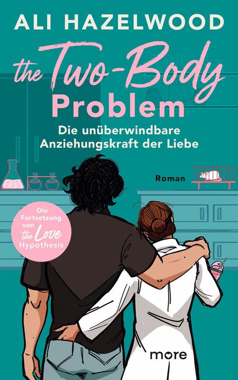 Titel: „The Two-Body Problem“. Zwei Personen, Rückenansicht, Umarmung in einem Labor. Ein Hamster im Käfig rechts.