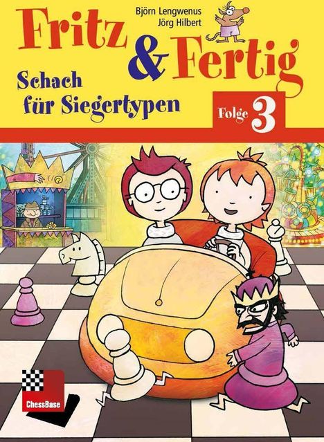 "Fritz & Fertig", Folge 3, Schach für Siegertypen. Illustration zweier Kinder in einem Auto auf einem Schachbrett.