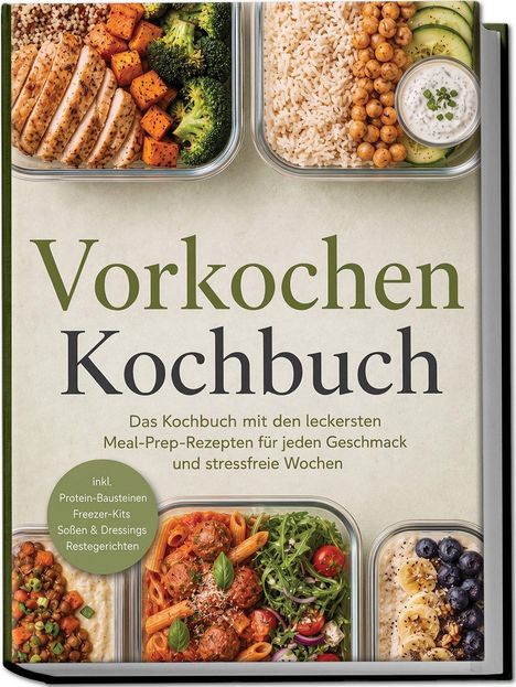 Titel: "Vorkochen Kochbuch". Inkl. Meal-Prep-Rezepte, Protein-Bausteine. Abgebildet sind verschiedene Mahlzeiten in Behältern.