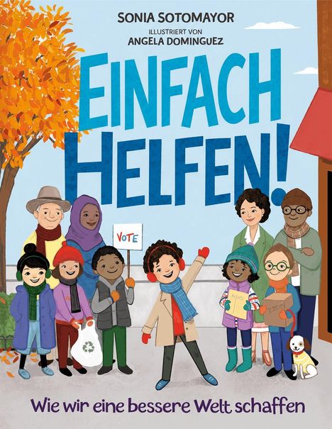 EINFACH HELFEN! Viele Menschen, teils mit Schildern und Hund, stehen fröhlich zusammen nahe einem Baum.