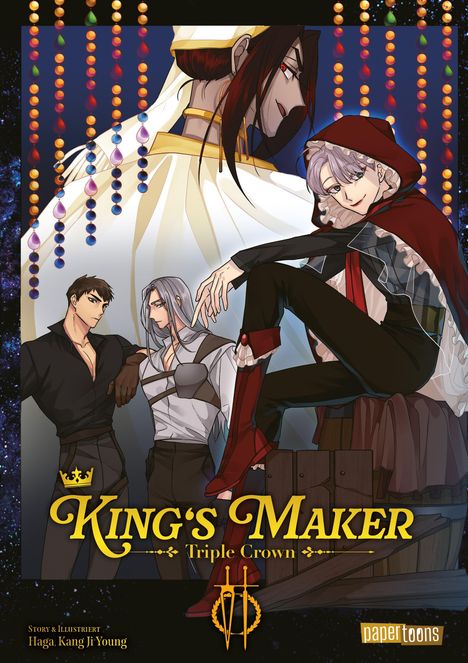 "King's Maker: Triple Crown" steht in gelber Schrift. Vier stilisierte Charaktere in fantasievoller Kleidung.