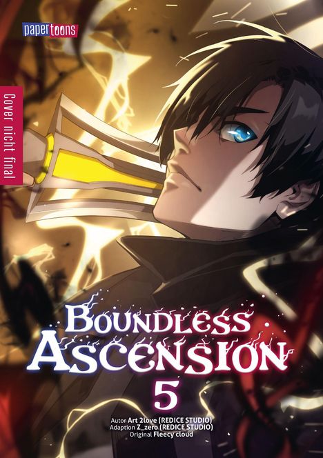 Text: "Cover nicht final", "Boundless Ascension 5". Mann mit dunklem Haar, hält eine goldene Waffe. Mystische Atmosphäre.
