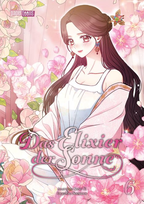 "Das Elixier der Sonne" steht in geschwungenen Lettern. Eine Frau mit langen Haaren, Blumen im Hintergrund. Nummer 6.
